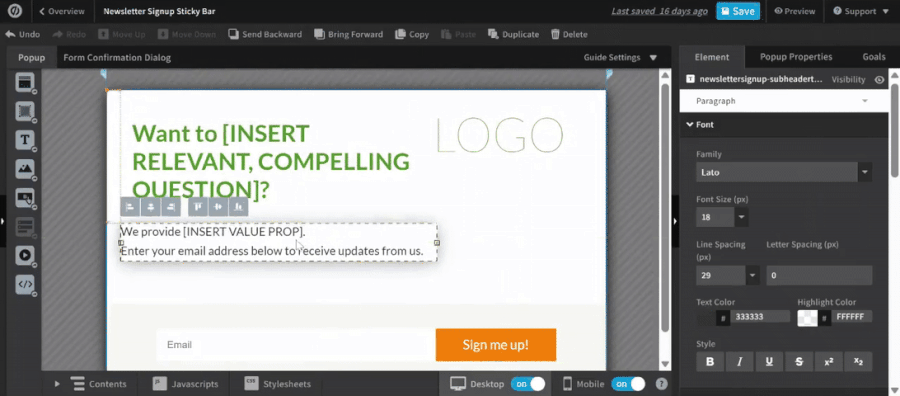 A demo of how editing the mobile version of a campaign in Unbounce can affect the desktop version and vice versa - OptinMonster A demo of how editing the desktop version of a campaign in Unbounce can affect the mobile version and vice versa