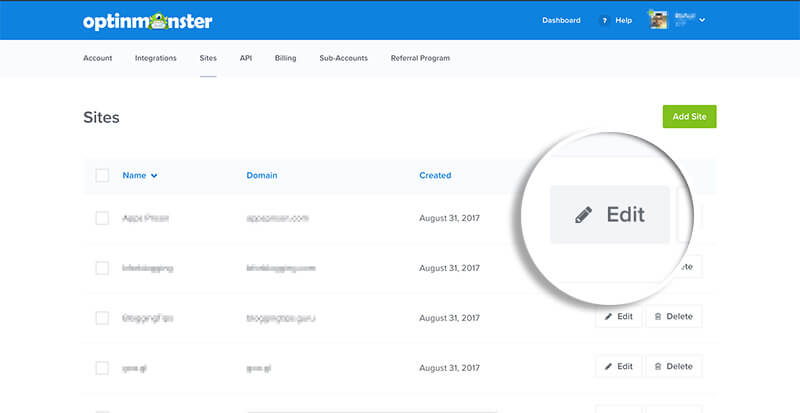 06-Choose-to-Edit-Your-Site-in-OptinMonster-v4 - OptinMonster Choose Edit Button