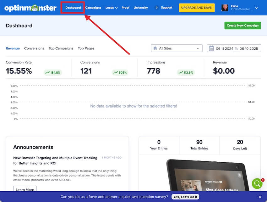 account-dashboard - OptinMonster The OptinMonster Account Dashboard provides a powerful overview of your campaign and account performance including Revenue Attribution data.