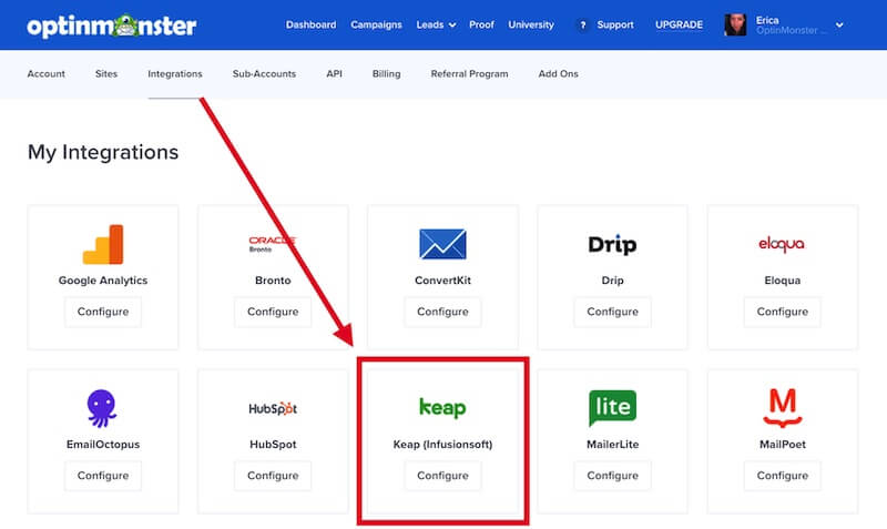 Account Keap integration section. - OptinMonster Account Keap integration section.