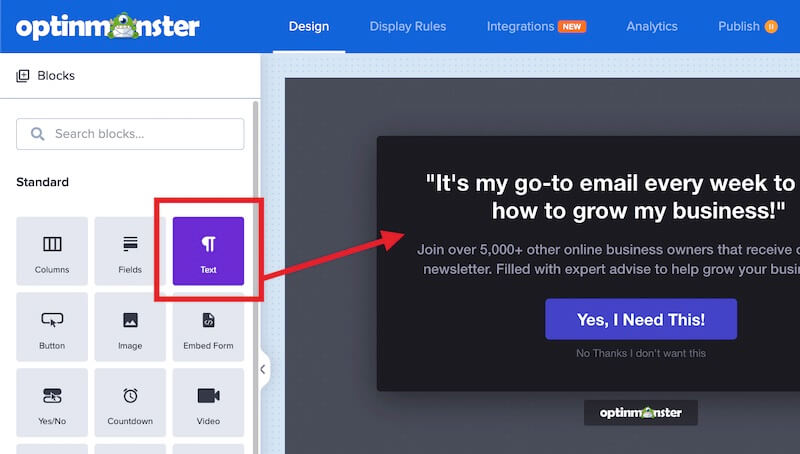 Add Text Block to OptinMonster campaign. - OptinMonster Add Text Block to OptinMonster campaign.