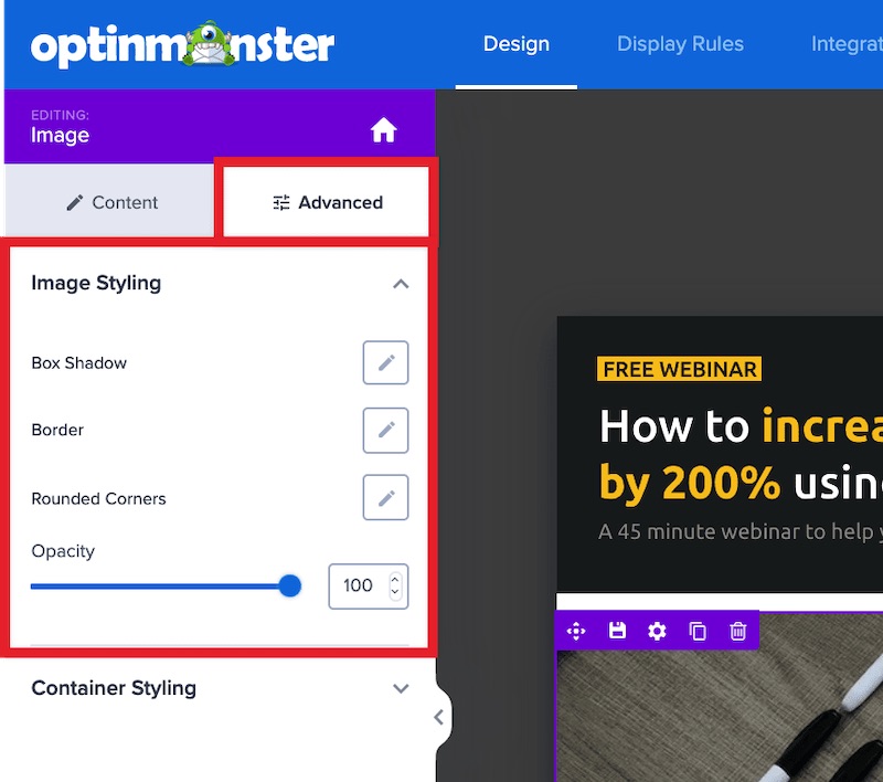 Advanced image block style settings in the OptinMonster campaign builder. - OptinMonster Advanced image block style settings in the OptinMonster campaign builder.