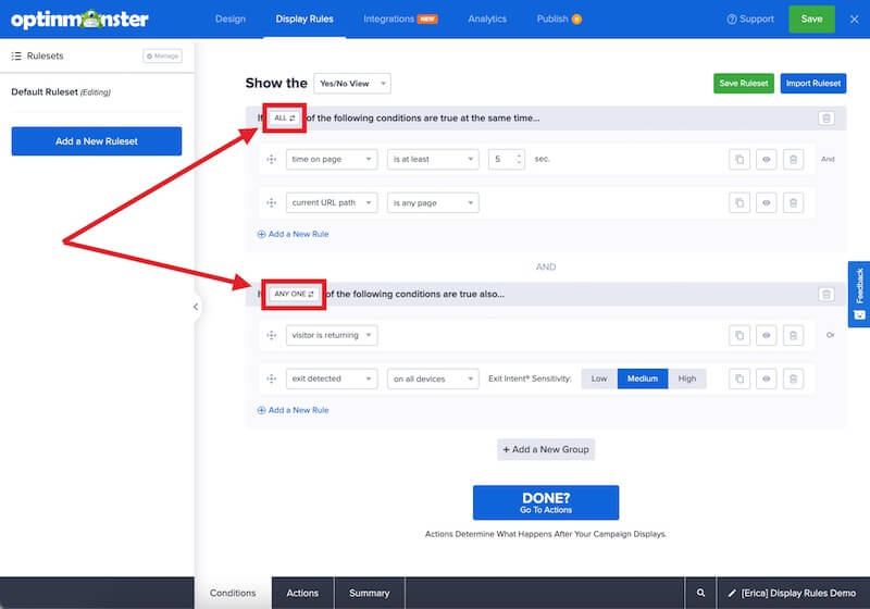 Choose if all or any one of the rules in a group should be required for your OptinMonster campaign. - OptinMonster Choose if all or any one of the rules in a group should be required for your OptinMonster campaign.