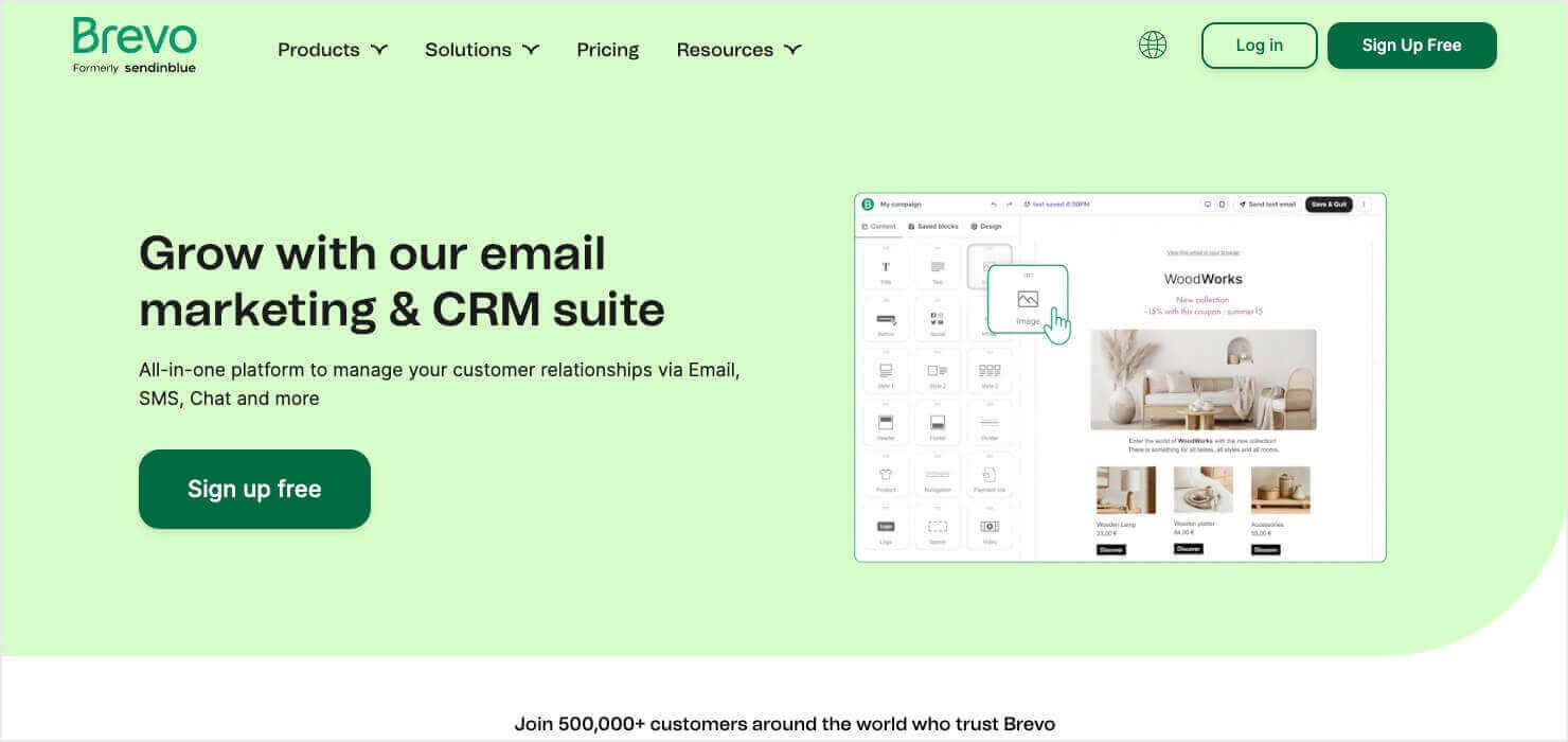 brevo-homepage - OptinMonster Brevo homepage: "Grow with our email marketing & CRM suite"