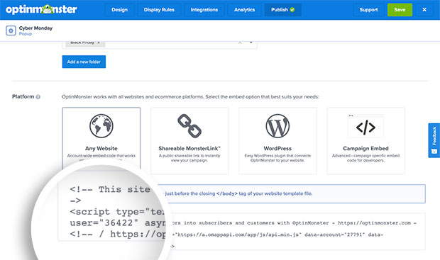 campaign-builder-embed-code - OptinMonster Copy embed code for OptinMonster campaign.
