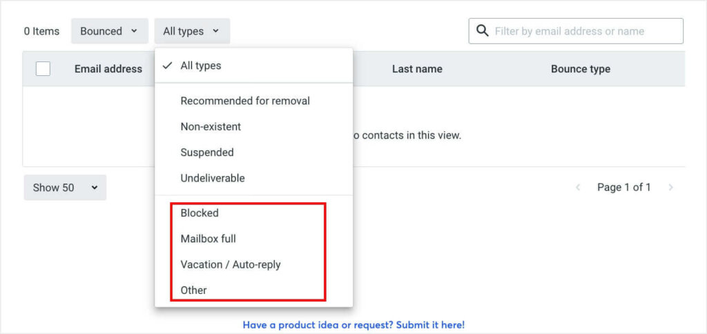 constant-contact-bounce-type-2 - OptinMonster Above the list of bounced emails, the "All types" dropdown includes:
Blocked
Mailbox full
Vacation/Auto-reply
Other