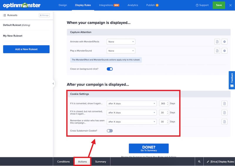 Campaign cookies in the OptinMonster campaign builder. - OptinMonster Campaign cookies in the OptinMonster campaign builder.