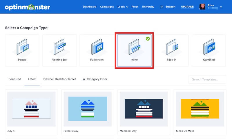 Select Inline as the campaign type - OptinMonster Select Inline as the campaign type