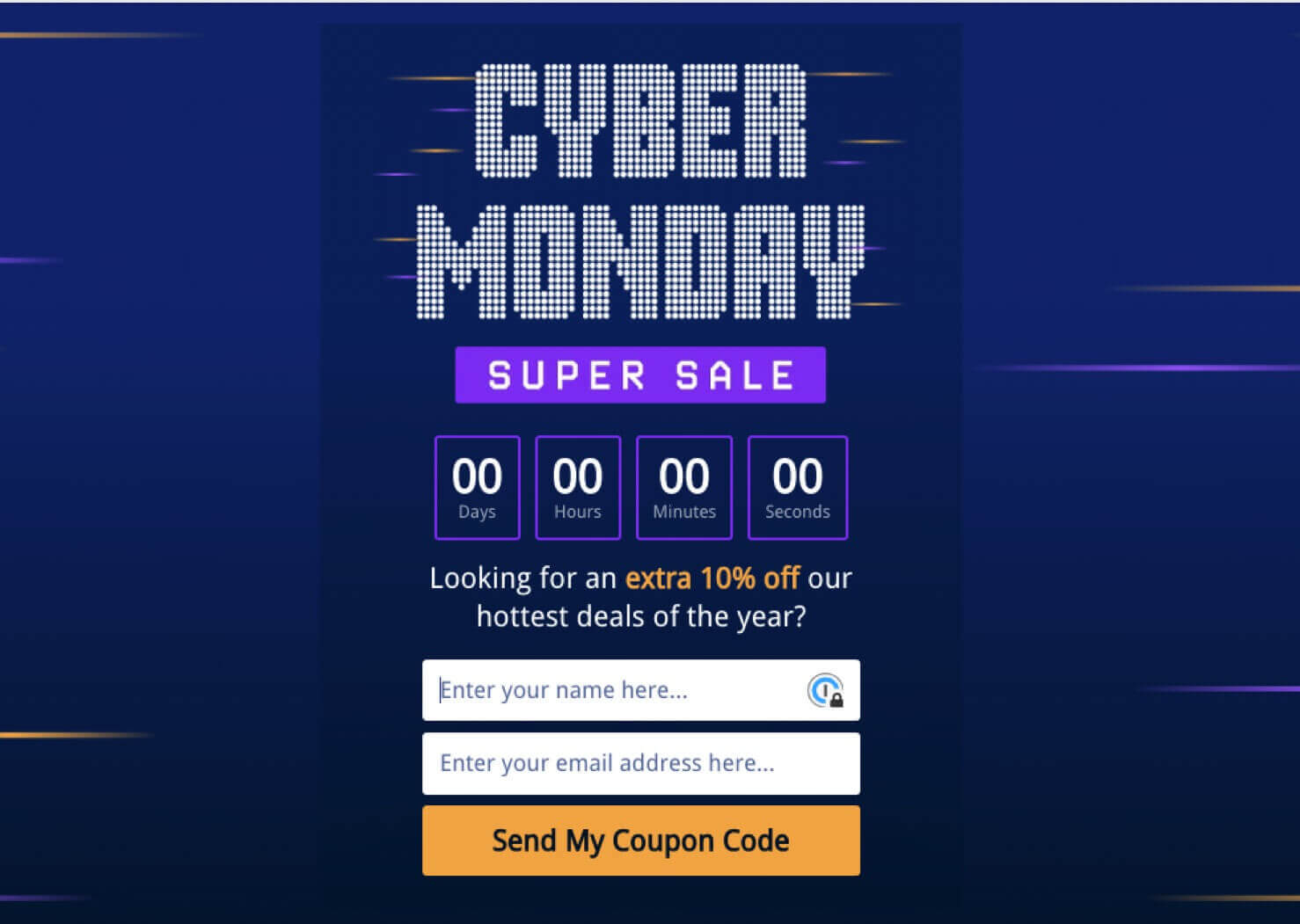 cyber-monday-optinmonster-popup - OptinMonster Cyber Monday Popup template from OptinMonster. It says "CYBER MONDAY Super Sale." Then there's a countdown timer, a coupon offer, and an email signup form.
