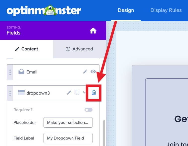 Delete an optin field from your OptinMonster campaign. - OptinMonster Delete an optin field from your OptinMonster campaign.
