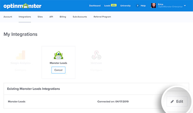 Edit Monster Leads Integration - OptinMonster Edit Monster Leads Integration