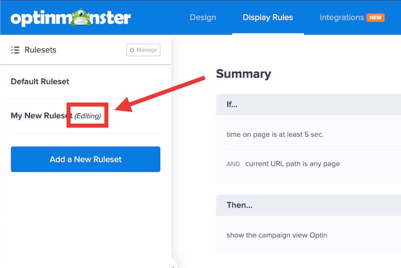 Editing ruleset indicator. - OptinMonster Editing ruleset indicator.