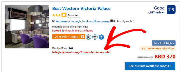 fomo marketing - booking 2 rooms left - OptinMonster fomo marketing examples- booking 2 rooms left