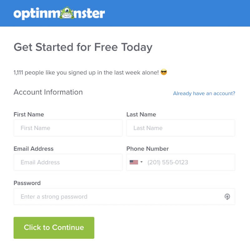 Free OptinMonster account registration form. - OptinMonster Free OptinMonster account registration form.