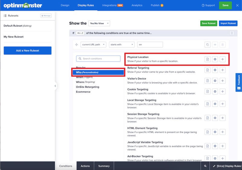 Geo-Location rule in OptinMonster. - OptinMonster Geo-Location rule in OptinMonster.