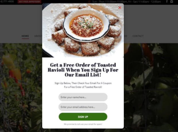Guidos restaurant email marketing popup - OptinMonster Guidos restaurant email marketing popup