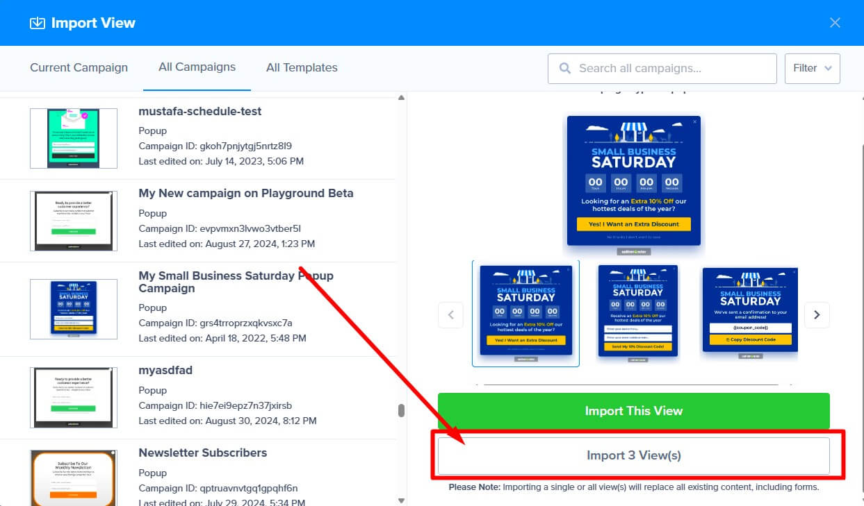 importAllViews - OptinMonster import All Views