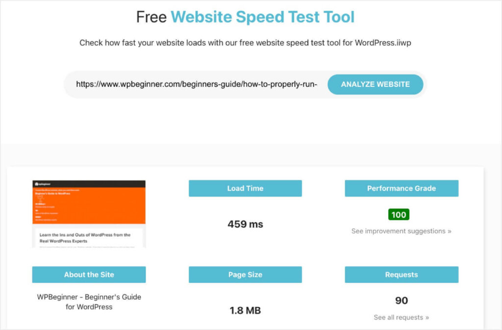 isitwp-website-speed-test-tool - OptinMonster IsItWP's website Speed Test Tool shows load time, Performance grade, page size, and more info.