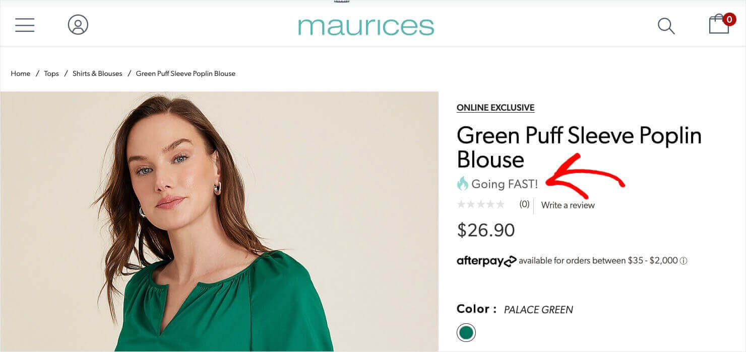 maurices-going-fast-social-proof-example - OptinMonster Screenshot of a product page for a blouse on Maurice's website.