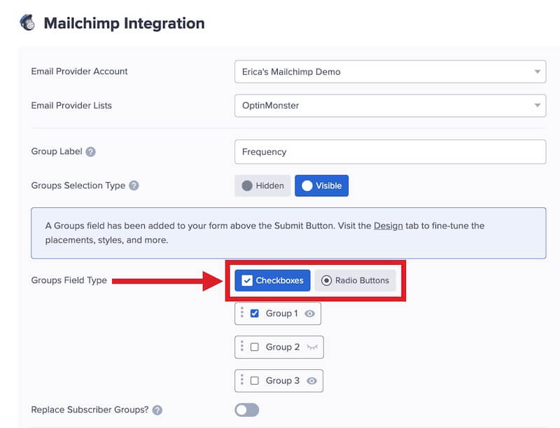 Select whether to show Checkboxes or Radio Buttons for your Group options. - OptinMonster Select whether to show Checkboxes or Radio Buttons for your Group options.