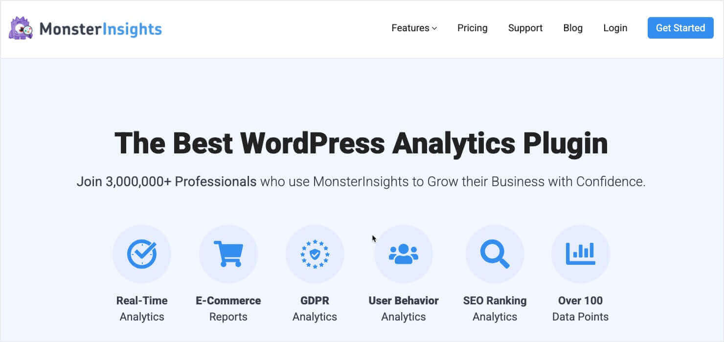 monsterinsights-homepage - OptinMonster MonsterInsights Homepage. Heading says "The Best WordPress Analytics Plugin." Subheading is "Join 3,000,000+ Professionals who use MonsterInsights to Grow their Business with Confidence" Icons show Real-Time Analytics, E-Commerce Reports, GDPR Analytics, User Behavior Analytics, SEO Ranking Analytics, and Over 100 Data Points
