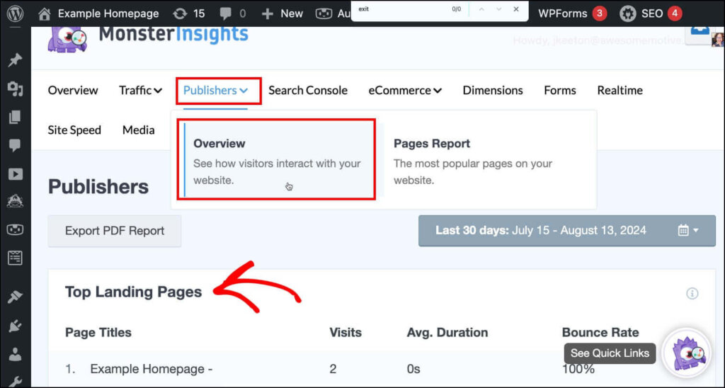 monsterinsights-top-landing-pages-website-metric - OptinMonster Screenshot of MonsterInsights within the WordPress Dashboard. "Publishers" and "Overview" are selected revealing a list of Top Landing Pages website metrics.