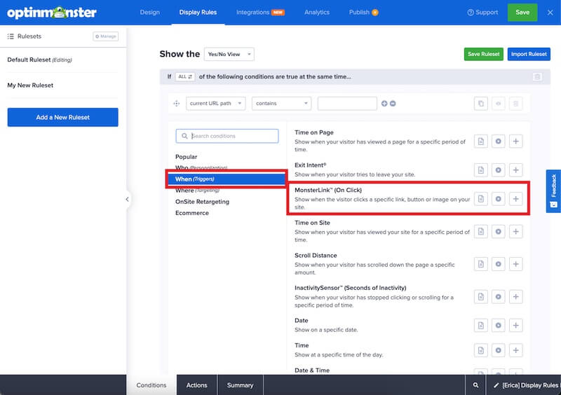 MonsterLink rule in OptinMonster. - OptinMonster MonsterLink rule in OptinMonster.