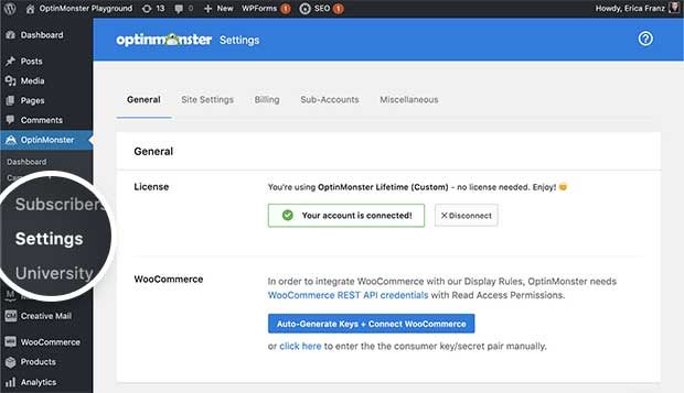 OptinMonster plugin Settings page. - OptinMonster OptinMonster plugin Settings page.
