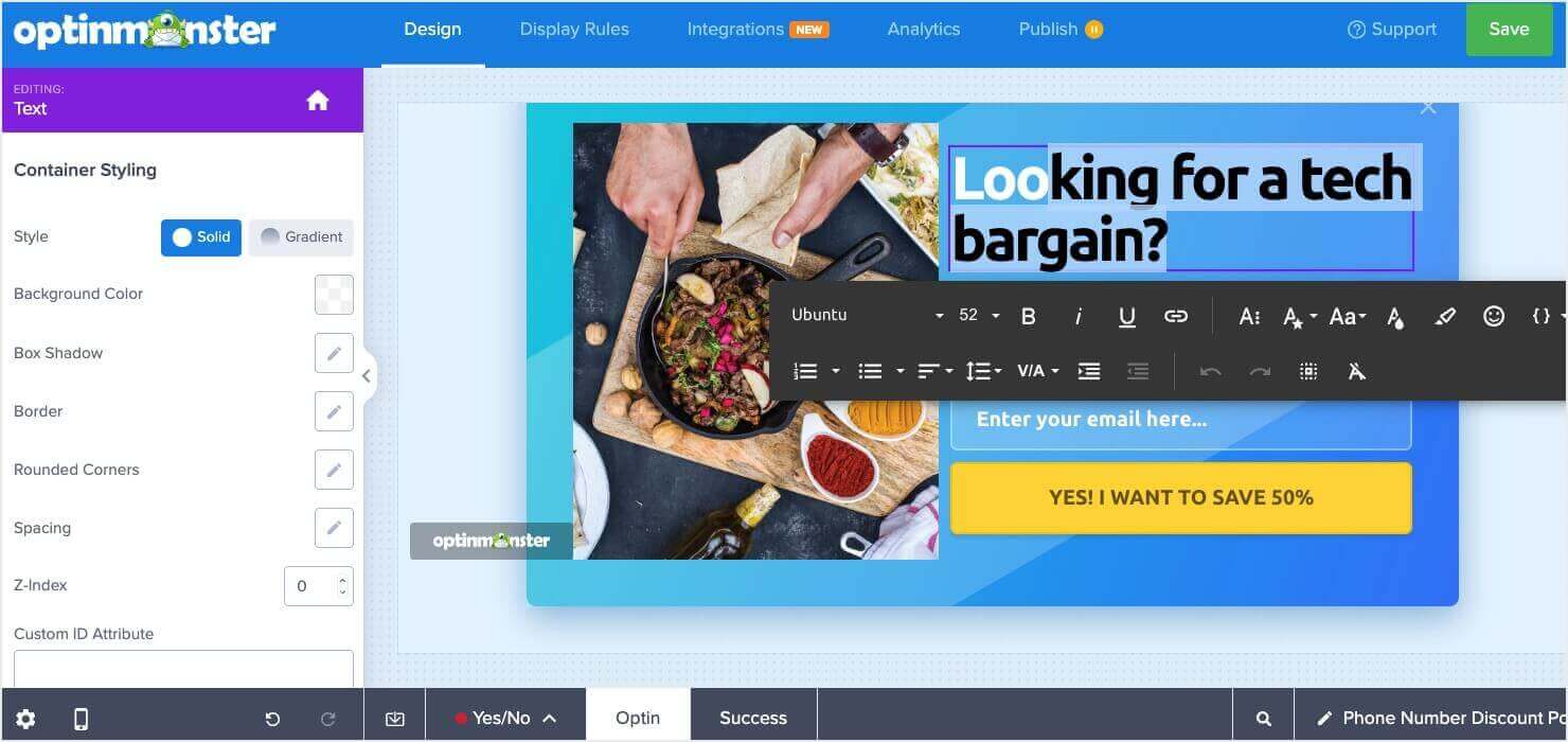 optinmonster-edit-text - OptinMonster Popup being edited in OptinMonster's campaign builder. Text is highlighted to change, and there's a toolbar for text formatting.