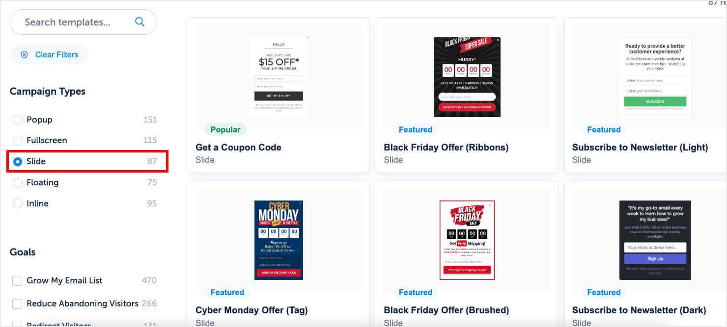 optinmonster-slide-in-templates - OptinMonster OptinMonster's template library. In the left menu, "Slide-In" is selected, revealing a gallery of slide-in templates
