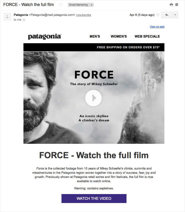 PatagoniaVideoInEmail - OptinMonster video-email-newsletter-content-idea