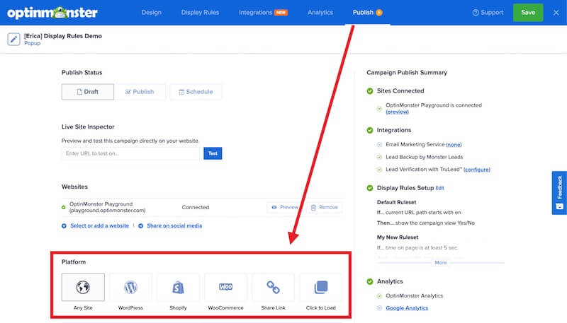 Publishing options in OptinMonster. - OptinMonster Publishing options in OptinMonster.