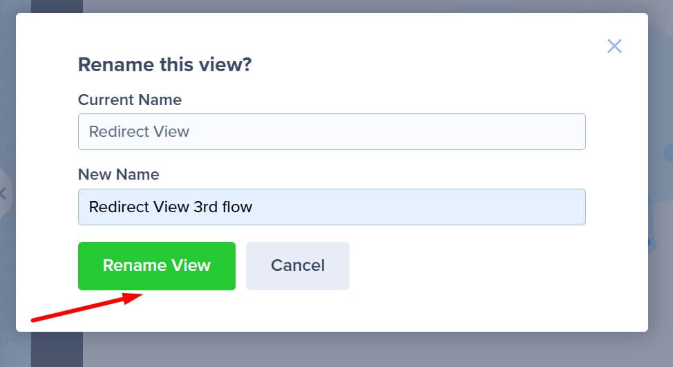 Rename view save button - OptinMonster Screenshot of the "Save" button in the "Rename View" popup.