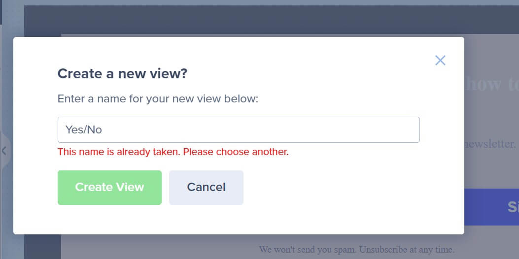 Name Already Exists Error - OptinMonster Screenshot of an error message indicating the view name already exists in multiple views.