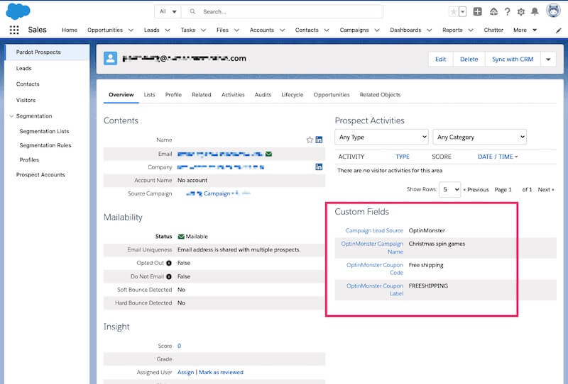Coupon code from OptinMonster gamified campaigns is sent as custom fields to Salesforce Pardot. - OptinMonster Coupon code from OptinMonster gamified campaigns is sent as custom fields to Salesforce Pardot.
