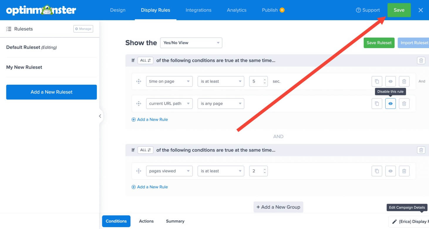 Number of pages viewed rule in OptinMonster. - OptinMonster save display rules - optinmonster
