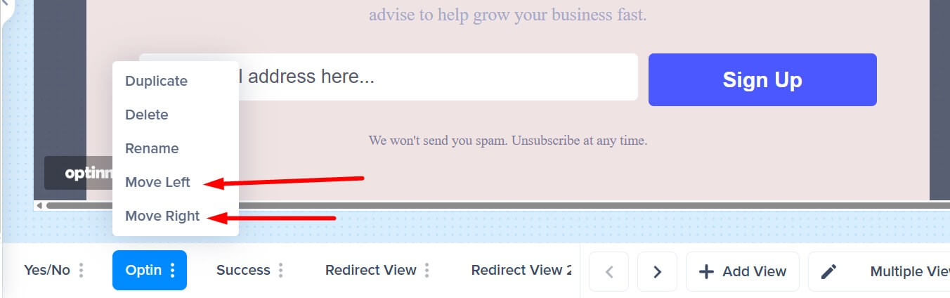 Move left-right on a view item - OptinMonster A screenshot showing how to move a view item left or right.