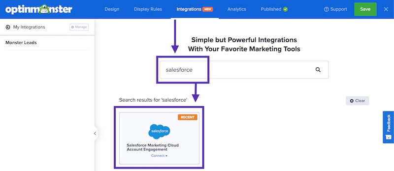 Select Salesforce Marketing Cloud Account Engagement from the Integrations list in OptinMonster. - OptinMonster Select Salesforce Marketing Cloud Account Engagement from the Integrations list in OptinMonster.