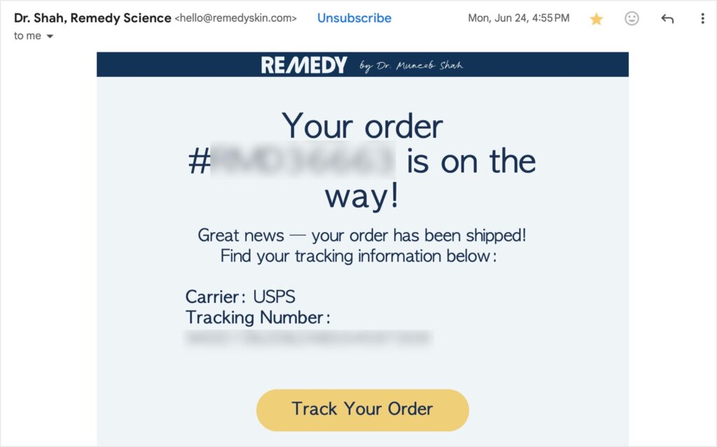 shipping-notification-transactional-email-example-remedy - OptinMonster Email from Remedy skincare showing that an order has been shipped. It includes the carrier, the tracking number, and a link to track your order.