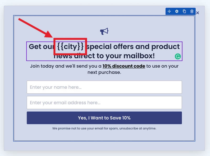 Example Smart Tag in a Text block. - OptinMonster Example Smart Tag in a Text block.