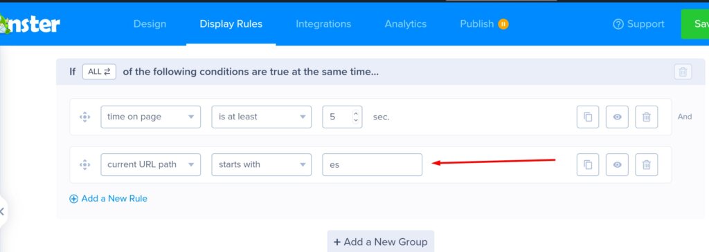 t_6 - OptinMonster A screenshot demonstrating how to use URL path targeting to display the correct campaign.