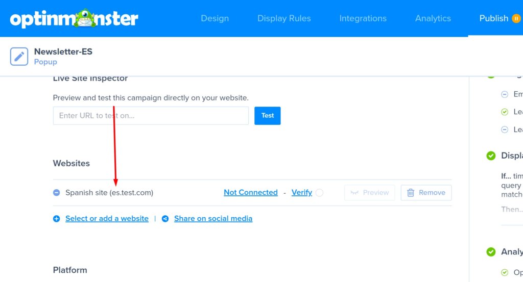 t_8 - OptinMonster A screenshot showing subdomain targeting to display proper campaign