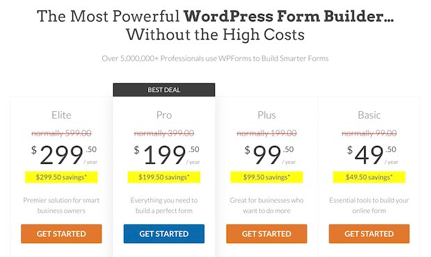 WPForms Pricing (.50 per year) - OptinMonster WPForms Yearly Pricing Packages: Basic, Plus, Pro, Elite.