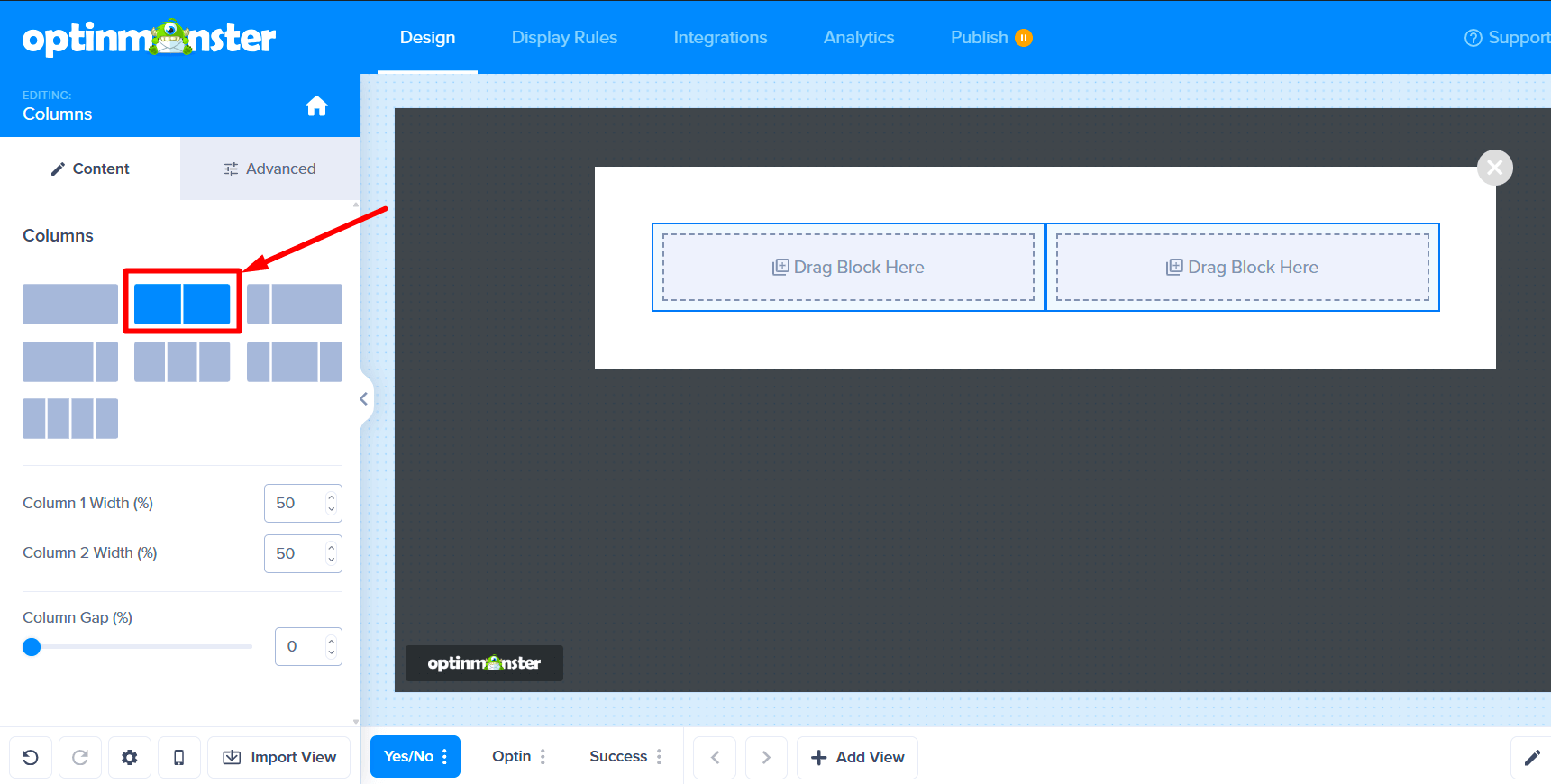 The campaign canvas now showing a two-column layout.