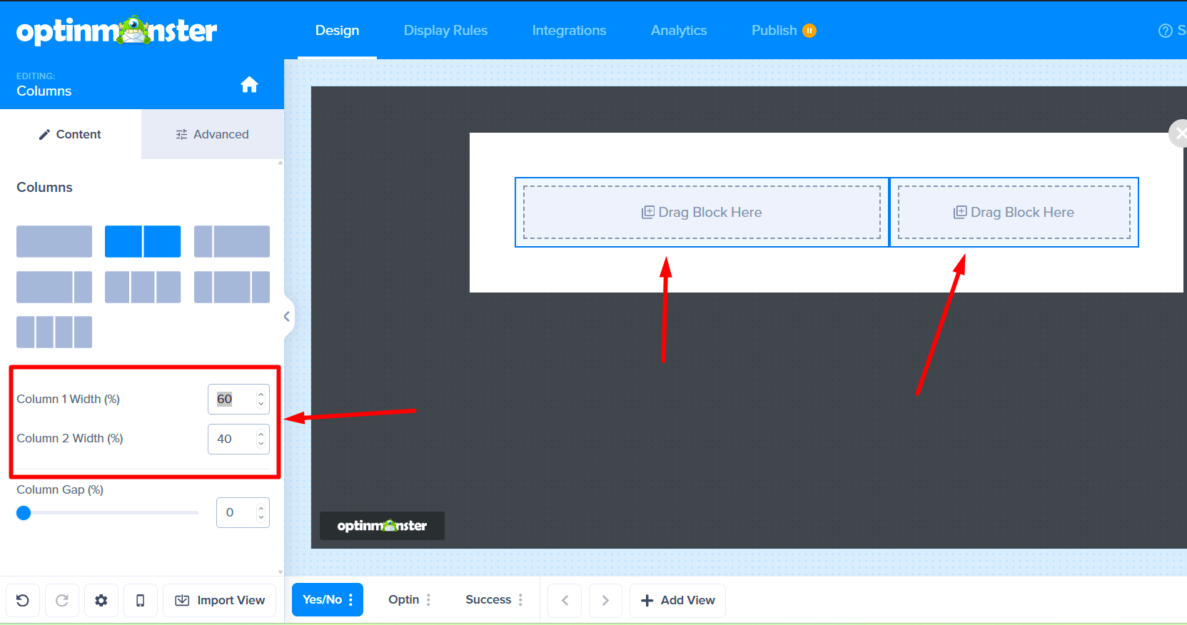 Adjusting the column widths using the slider in the left sidebar.