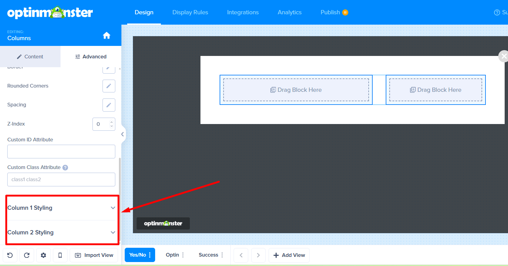 Scrolling down in the Advanced tab to reveal individual column styling settings.