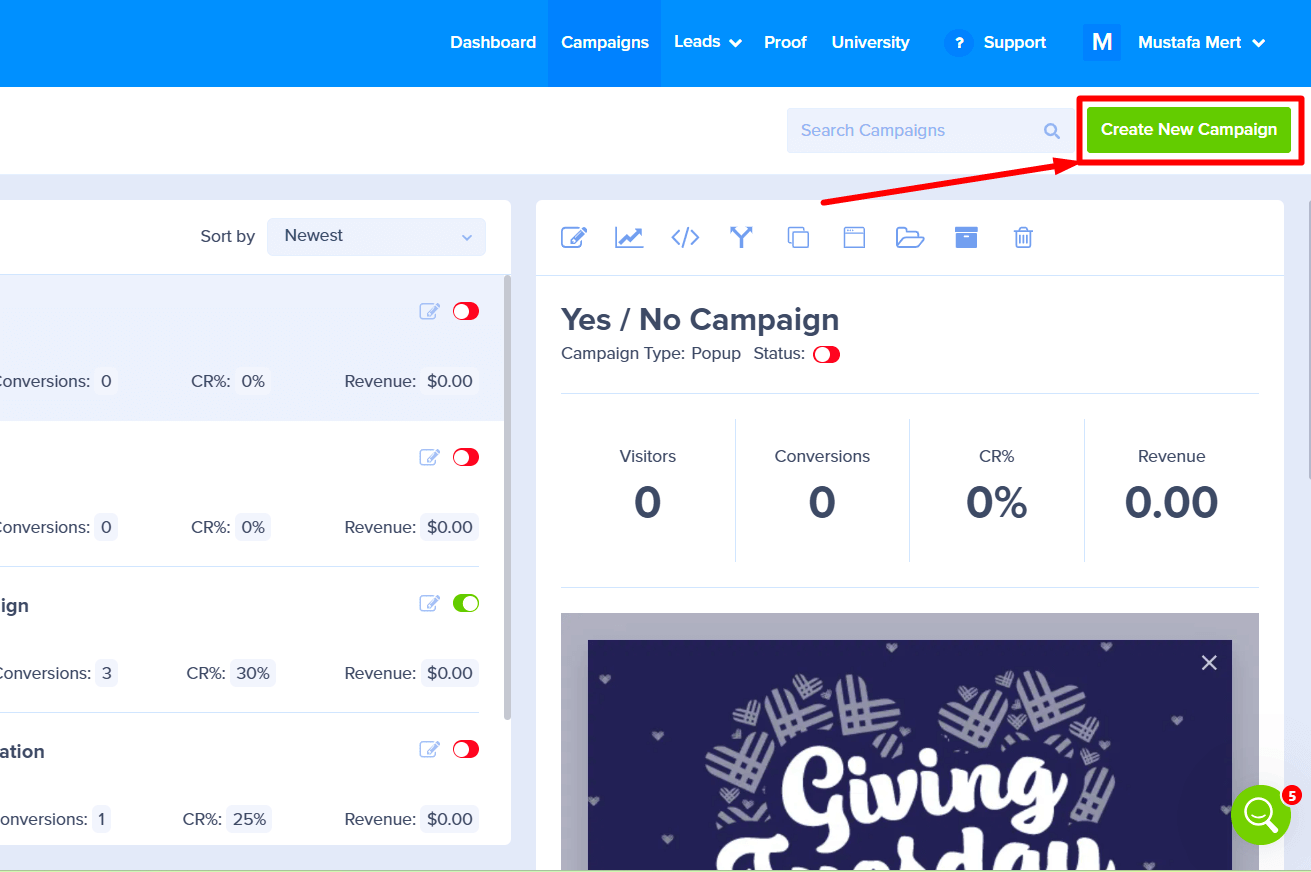 The OptinMonster dashboard with an arrow pointing to the Create New Campaign button.
