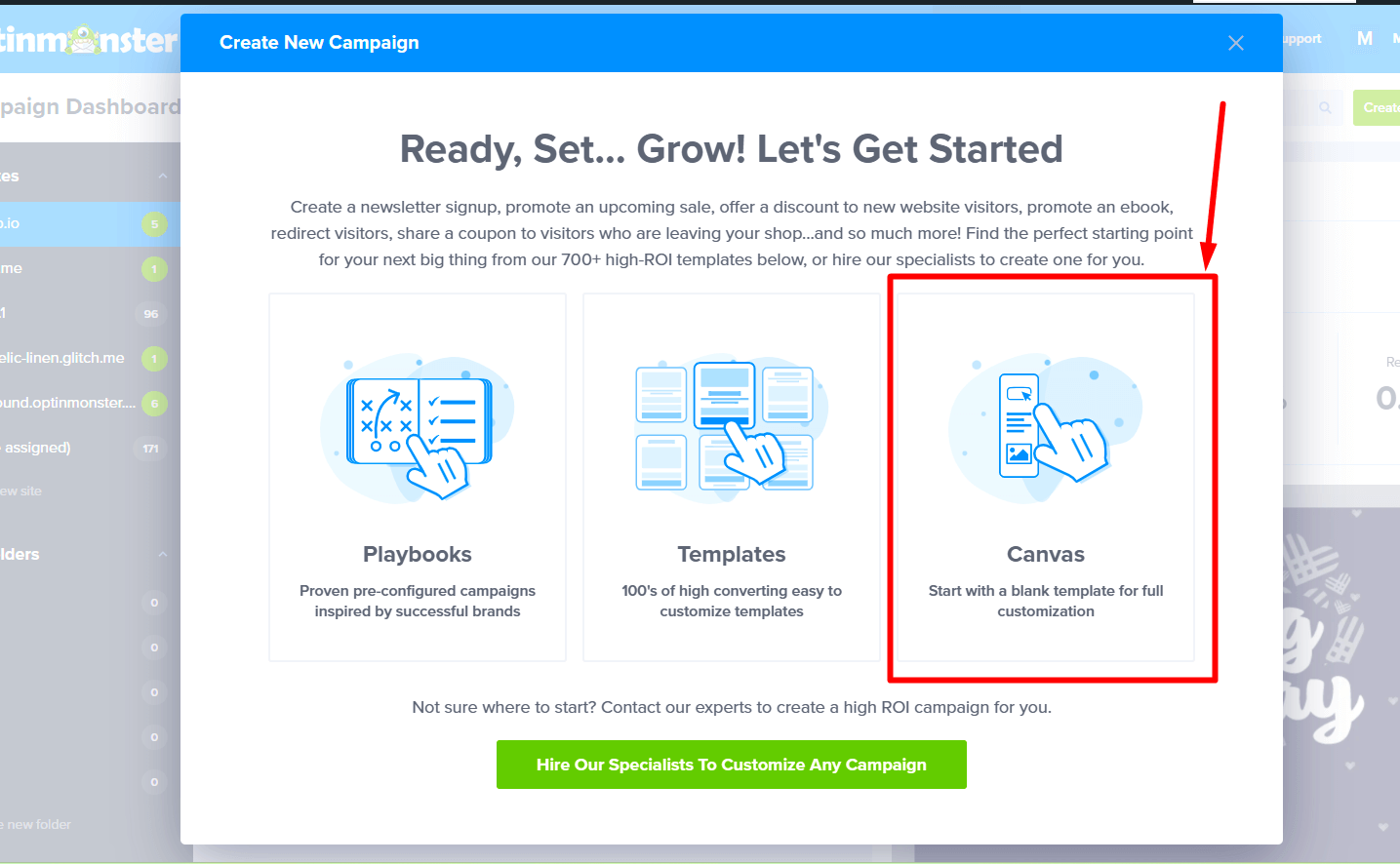 The template selection screen with an arrow pointing to the Canvas template.