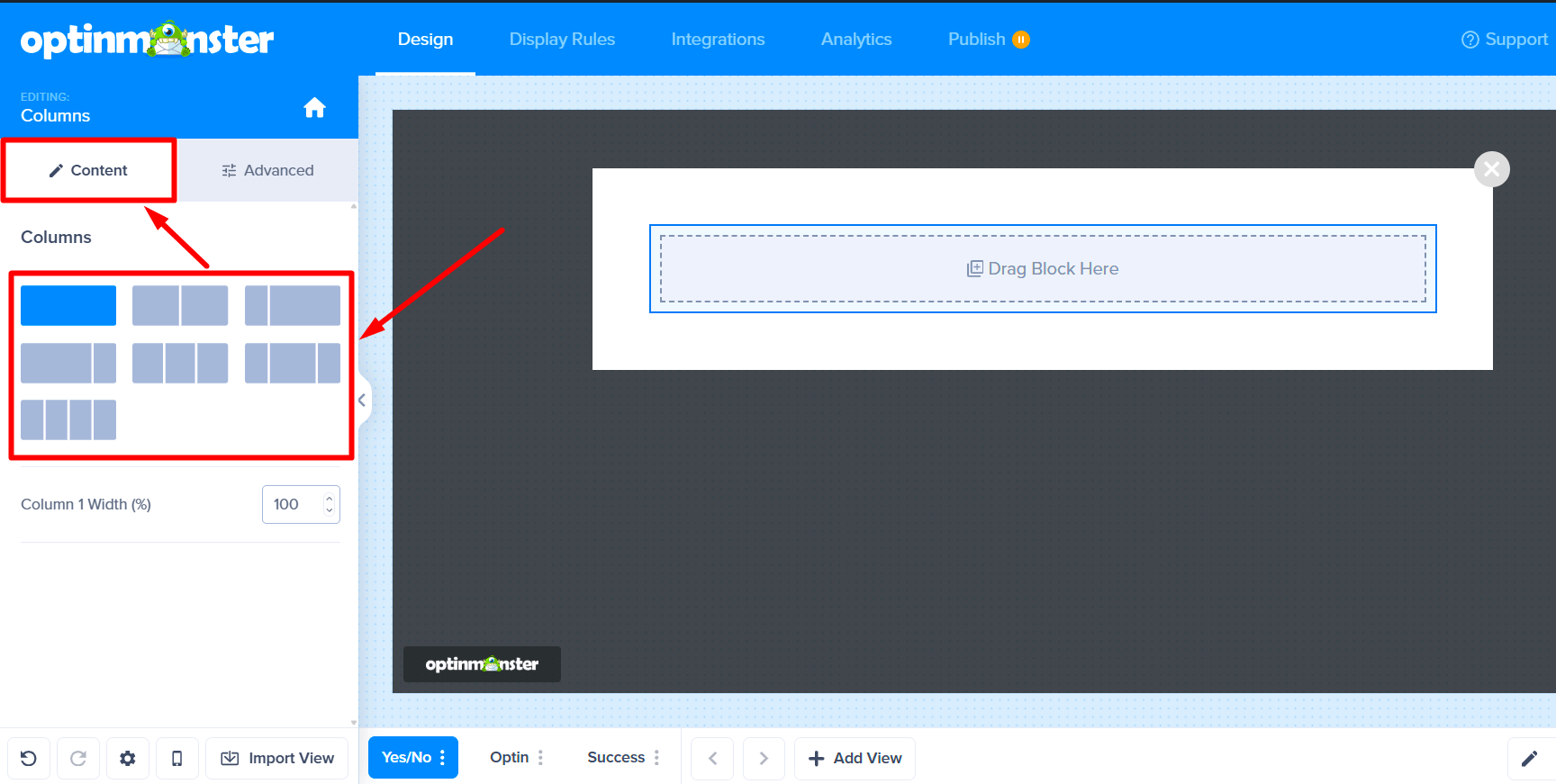 The left sidebar showing the Content tab for the Columns block, with options for column layouts.