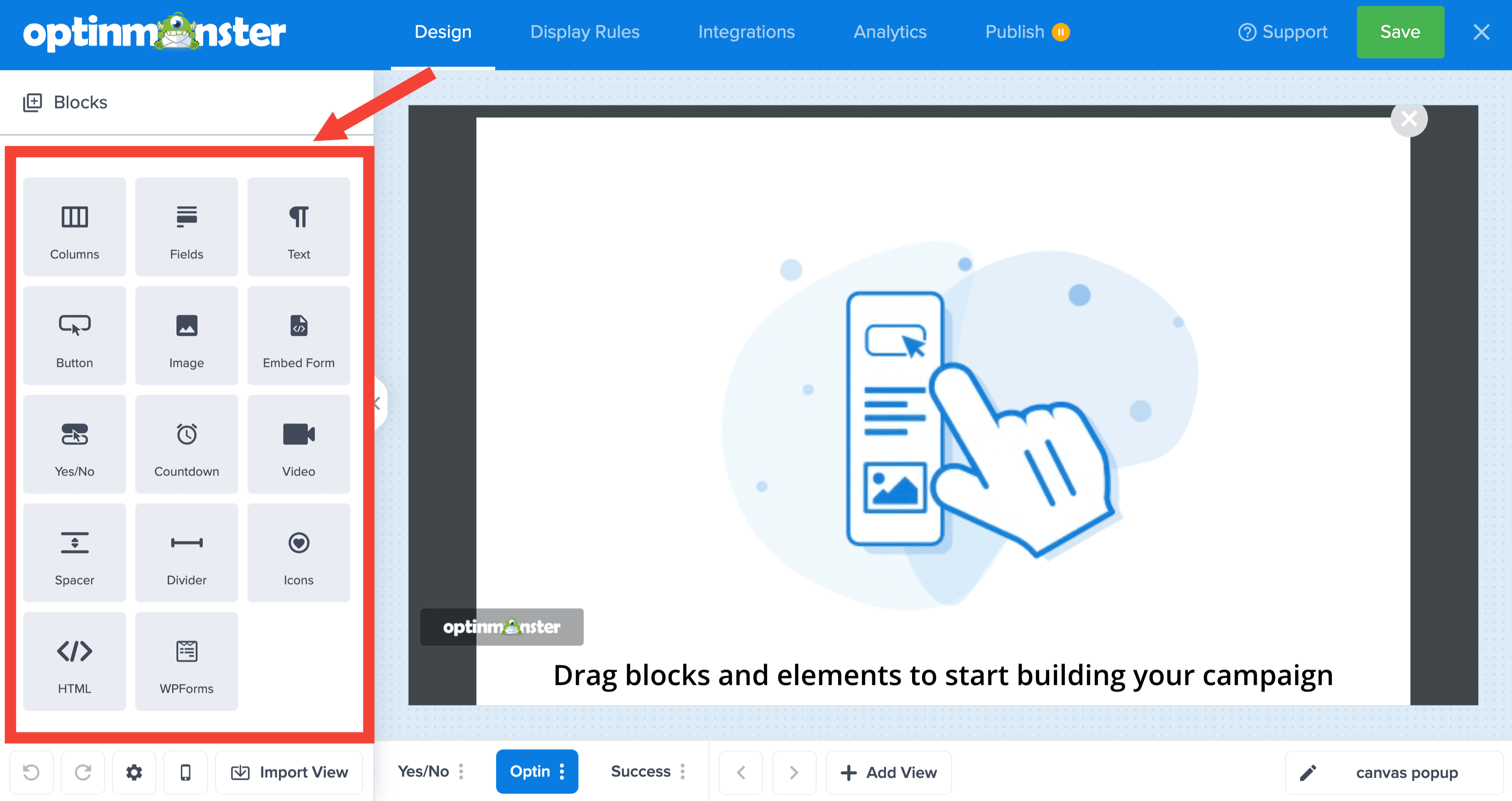 delete column contents canvas - OptinMonster add blocks from sidebar